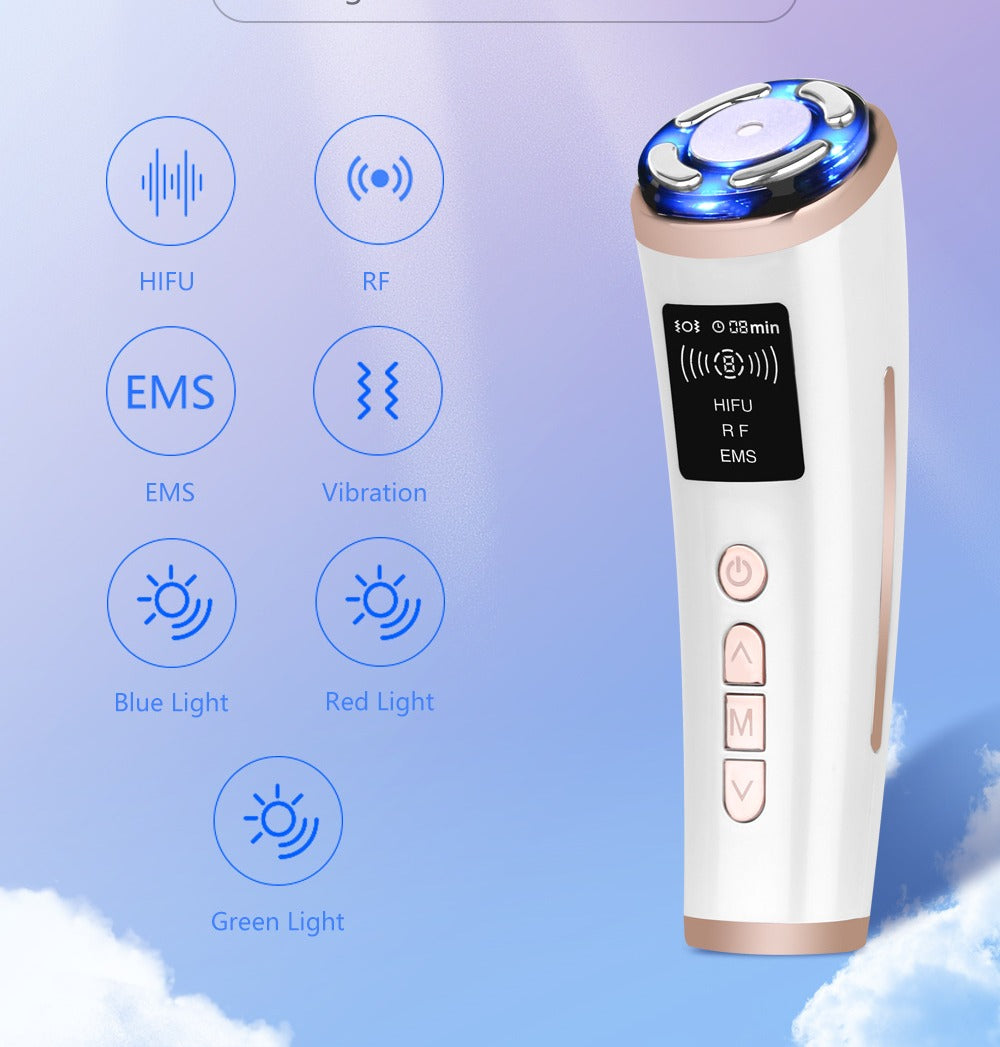 Velou All device with HIFU, RF, EMS, vibration, and red blue green light mode icons