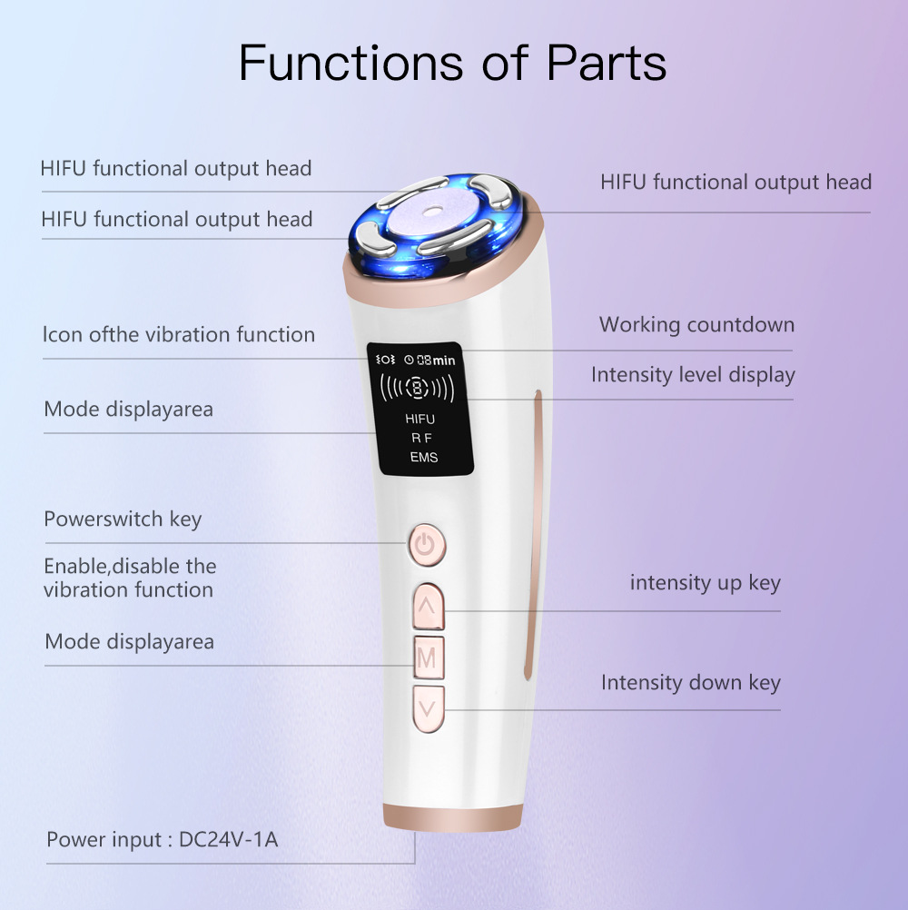 Velou All functions of parts diagram showing HIFU output head, display, and control buttons