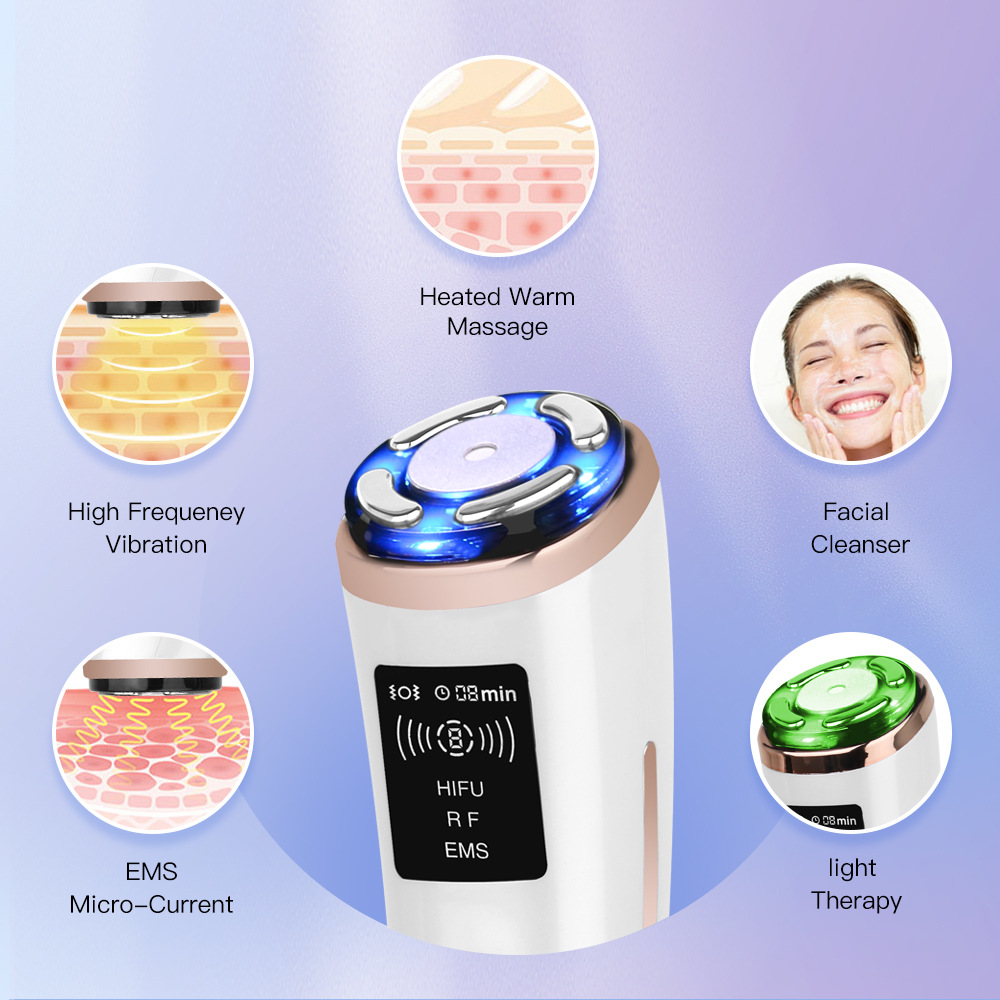 Velou All device modes: heated warm massage, high frequency vibration, EMS micro-current, facial cleanser, light therapy
