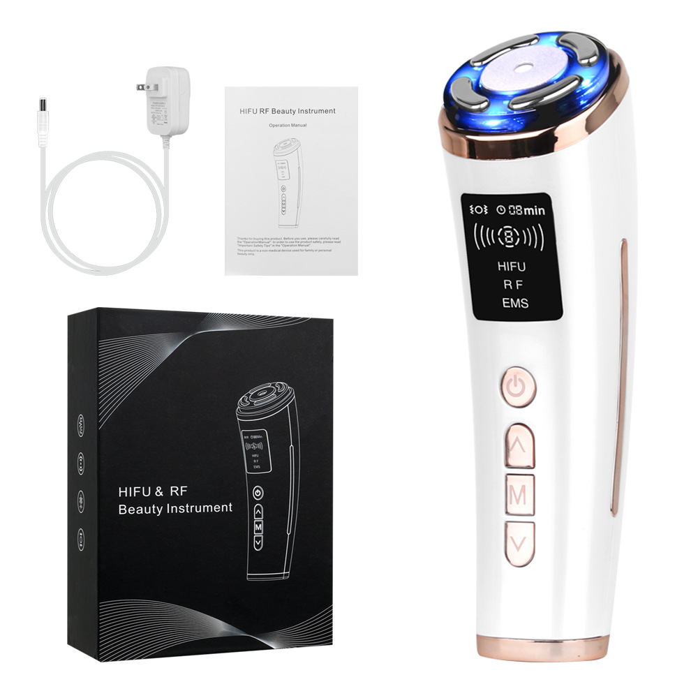 Velou All HIFU RF facial device with wall adapter, manual, and retail box contents