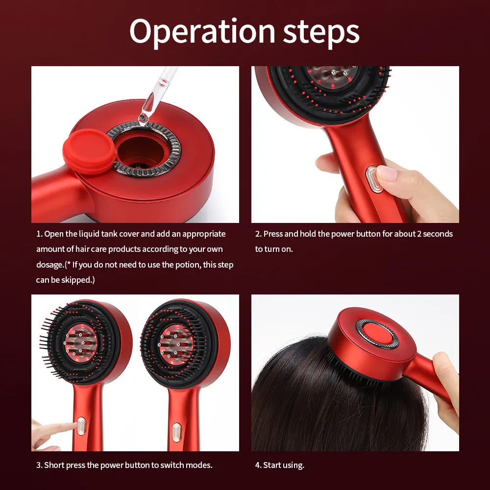 Velou Grow operation steps: fill liquid tank, power on, switch modes, use on scalp