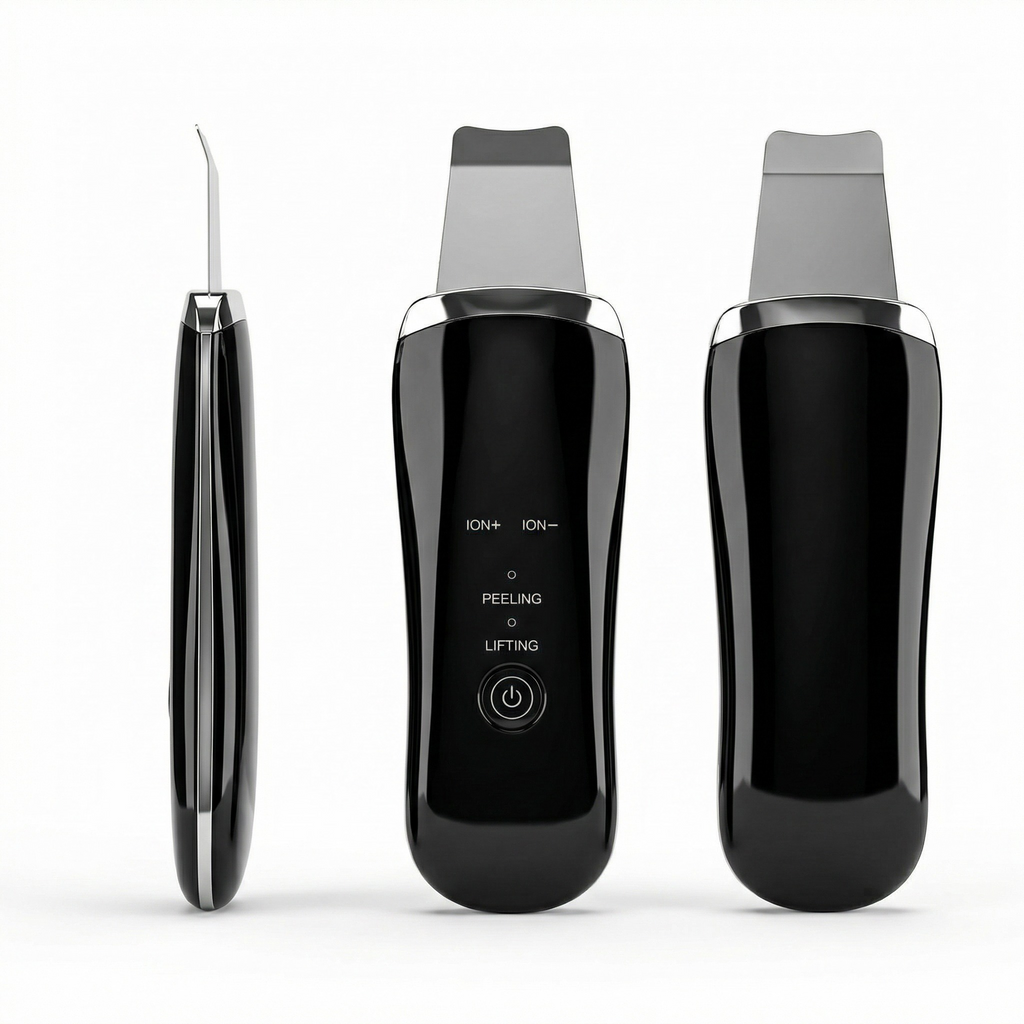 Velou Prep ultrasonic skin scrubber in black shown from three angles with mode labels