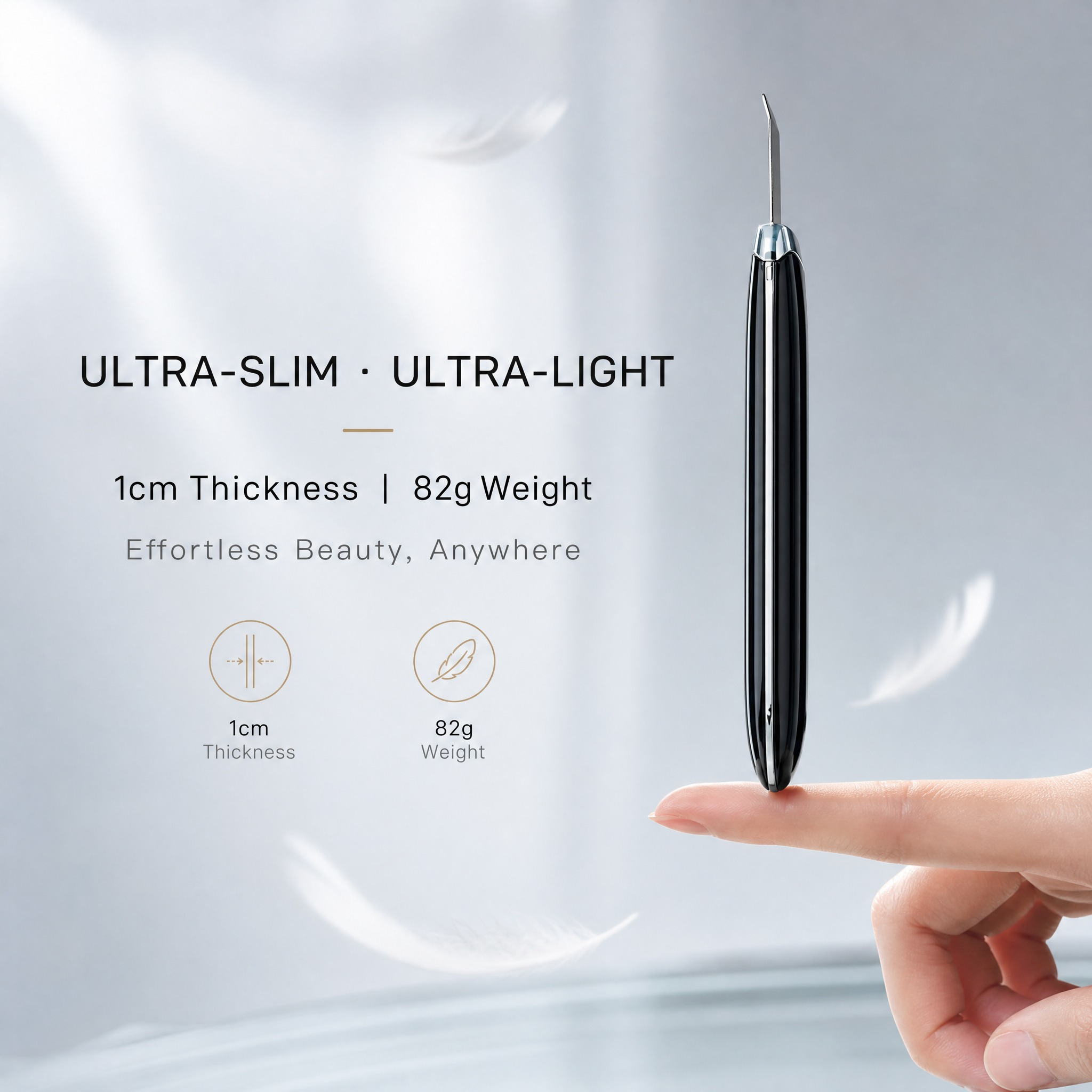 Velou Prep ultrasonic spatula ultra-slim profile — 1cm thin and 82 grams balanced on a fingertip