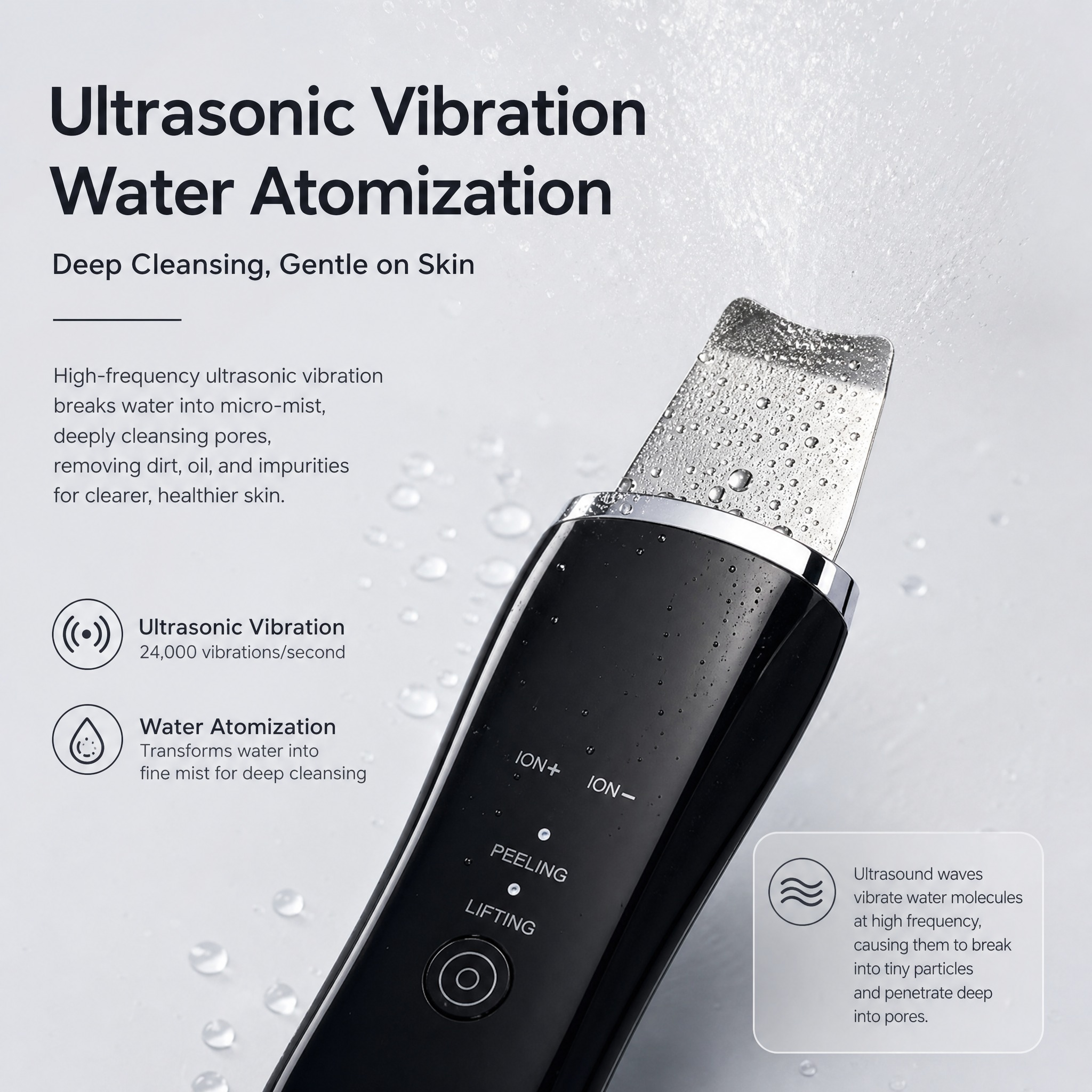Velou Prep ultrasonic vibration water atomization at 24,000 vibrations per second on the spatula head